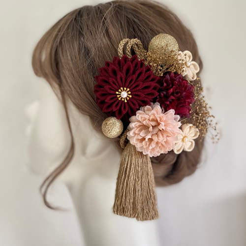 成人式 髪飾り 和装 ワインレッド つまみ細工 マム 水引 卒業式 結婚式