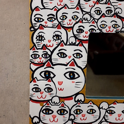ハッピー招き猫の鏡 アクリル絵の具 鏡 板キャンバス 絵画 小楠アキコ
