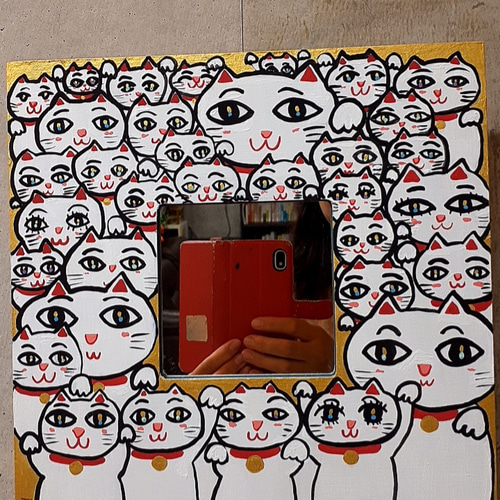 ハッピー招き猫の鏡 アクリル絵の具 鏡 板キャンバス 絵画 小楠
