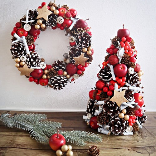 23 りんごと白い松ぼっくりのクリスマスツリー アートフラワー La  