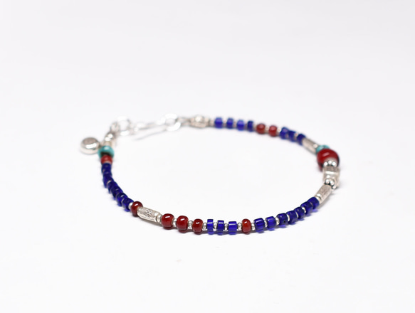 深紅白心，古色藍珠，卡倫銀，西藏綠松石手鍊 第4張的照片
