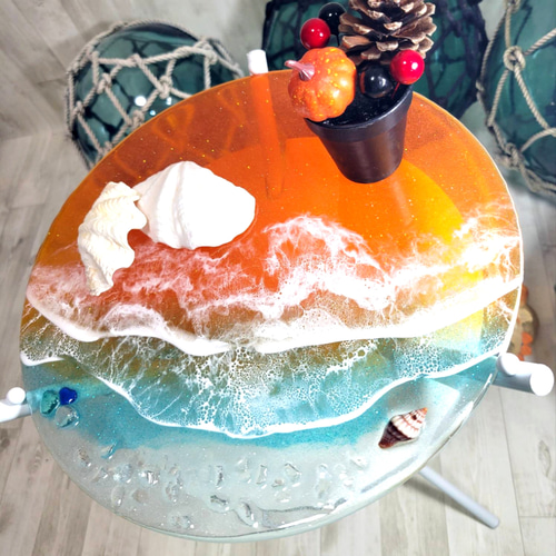 テーブルレジンテーブルサイドテーブルガラステーブルレジンアート海