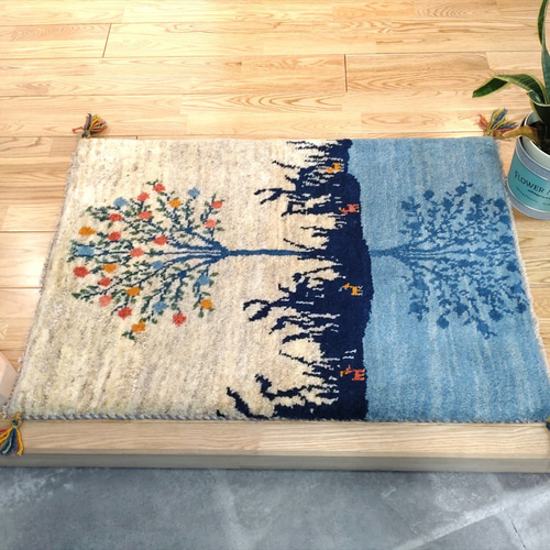 感謝キャンペーン】ペルシャ ギャッベ 玄関 90×63 藍色 ザクロの木