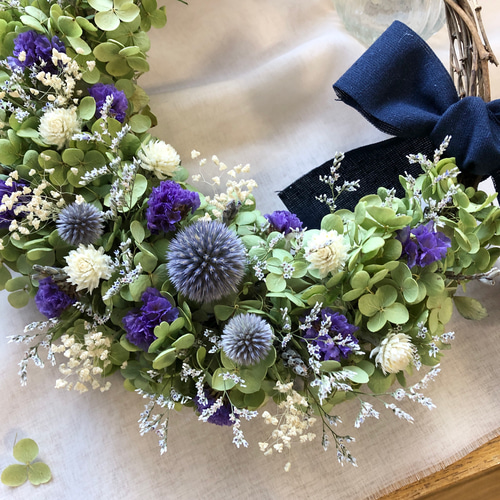 紫陽花と瑠璃玉あざみリース Natural＊アナベルと瑠璃玉アザミのリース＊ドライフラワー