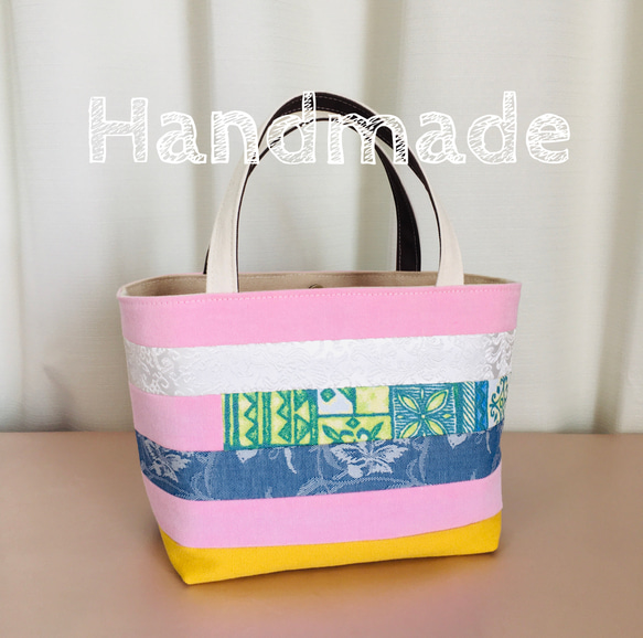 ハギレ色々パッチワークトートバッグ（桃/白/他）＊ハンドメイド  