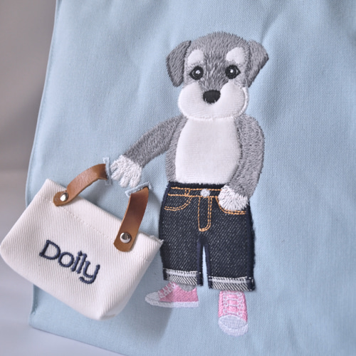 シュナウザー もふもふ刺しゅうの2wayトートバッグ（サックス生地