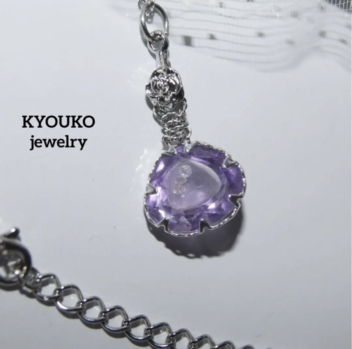 天然ダイヤモンド入りアメジスト 本ロジウム　チェーン　ネックレス