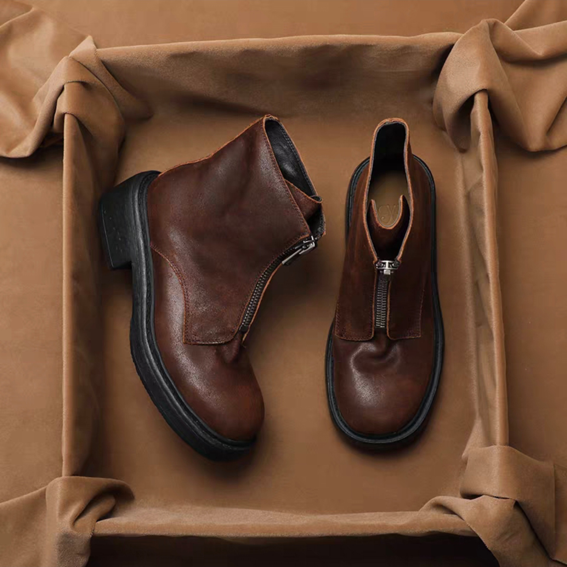 フロント ジップ ブーツ フロントジップブーツ 厚底 マーティンブーツ オーダーメイド靴 ラウンドトゥ 厚底 美脚