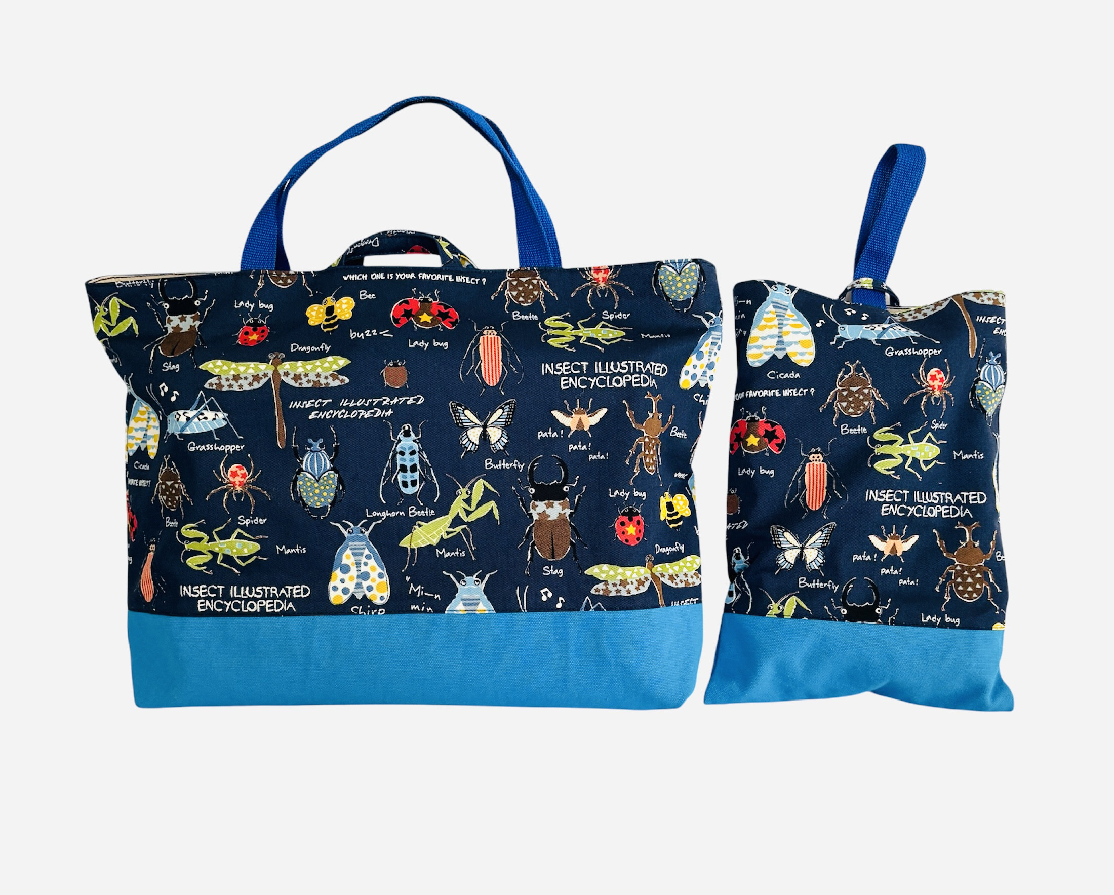 大きめ　昆虫博士に贈るレッスンバック(35×45)上履き入れセット(30×22)11号帆布スカイブルー切替　ループ