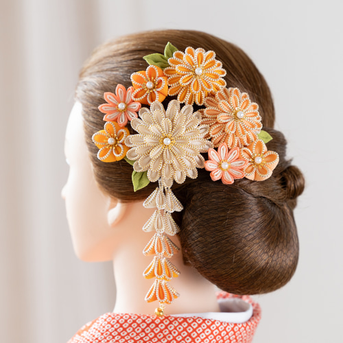 つまみ細工 髪飾り 白 オレンジ 成人式 結婚式 七五三 753 卒業式