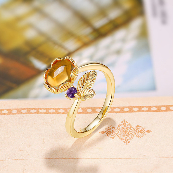シトリンの輝きが魅力的-華やかな花モチーフの女性用リング0650 指輪