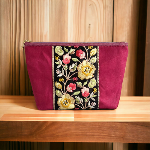 インド刺繍×帆布☆大きめサイズ/マルチポーチ〈フューシャピンク