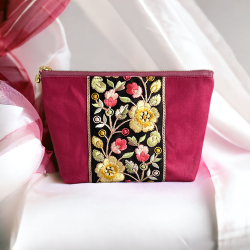 インド刺繍×帆布☆大きめサイズ/マルチポーチ〈フューシャピンク