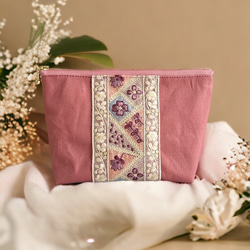 インド刺繍×帆布☆大きめサイズ/マルチポーチ〈くすみピンク〉 1枚目の画像