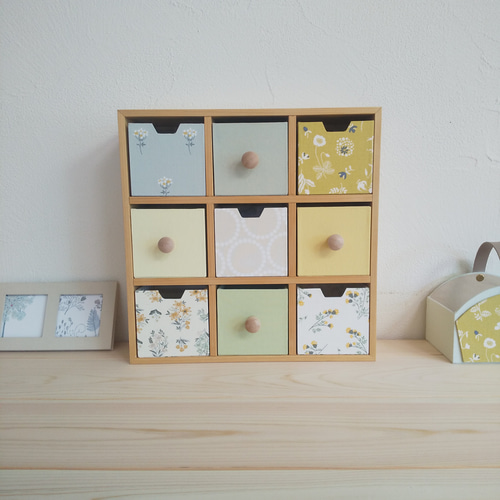 国産ひのきとカルトナージュの卓上チェスト（9個タイプ、グリーン