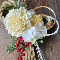 【早割価格10%off】2026  しめ縄　お正月飾り　クリーム　ダリア　 5枚目の画像