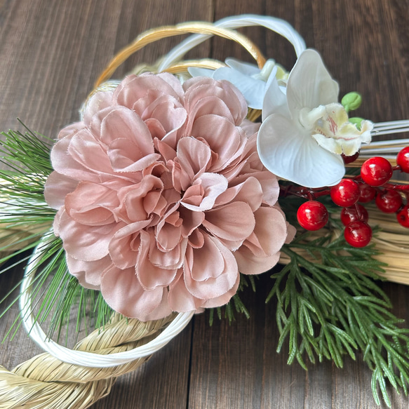 【早割価格10%off】2026  しめ縄　お正月飾り　モーブピンク　ダリア　 3枚目の画像