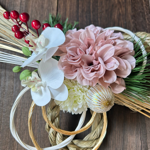 【早割価格10%off】2026  しめ縄　お正月飾り　モーブピンク　ダリア　 4枚目の画像