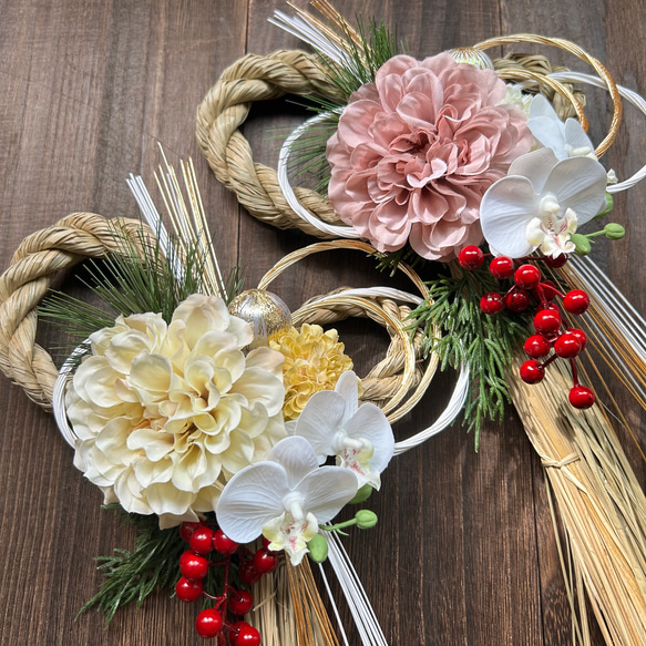 【早割価格10%off】2026  しめ縄　お正月飾り　モーブピンク　ダリア　 5枚目の画像