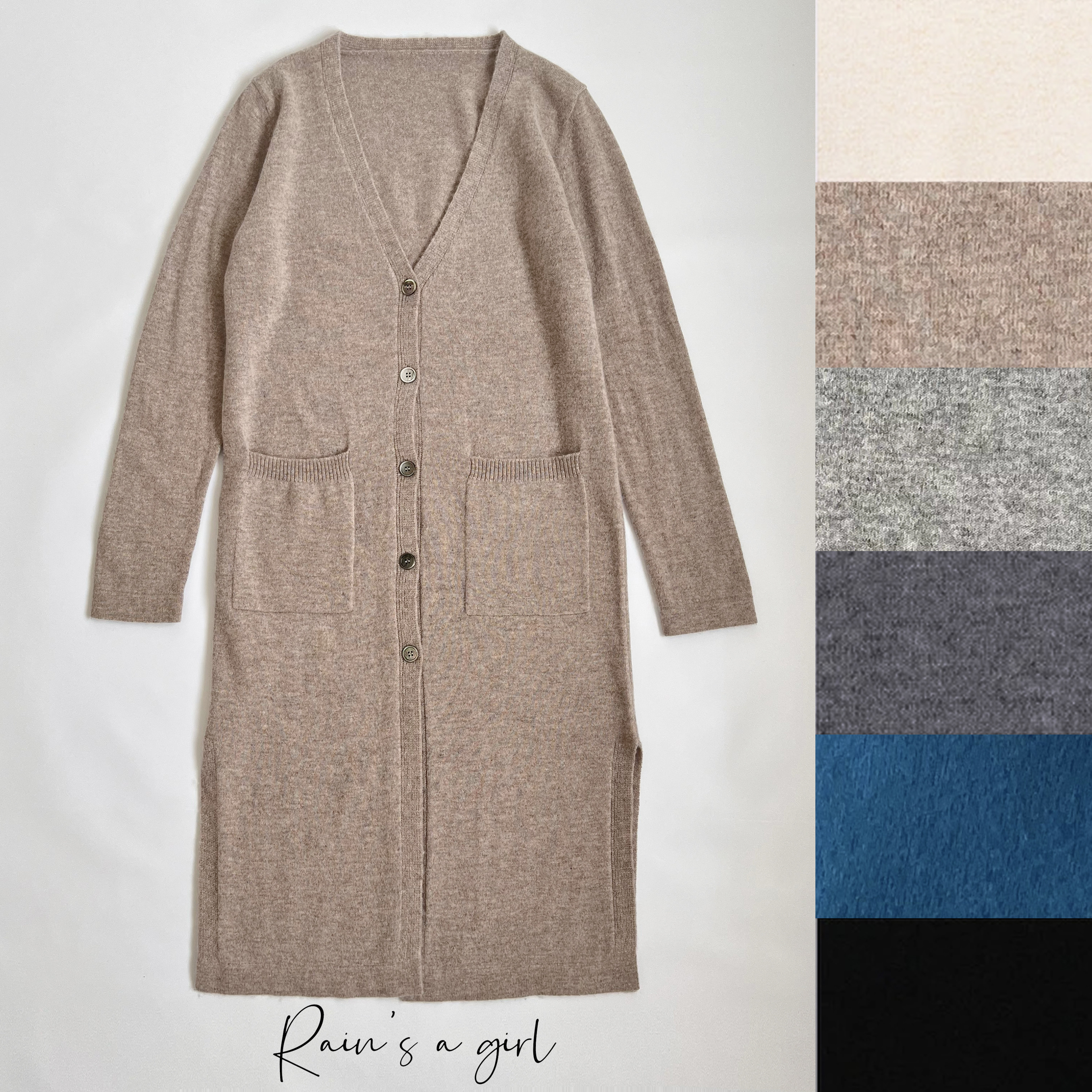 【カシミア100%/6色入】首がスッキリ見せるVネック＊ロング丈長カーディガン＊貝殻ボタン＊C-40RDA