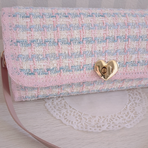 リントンツイード❤️ピンクサテンスカート❤️ハンドメイド♡ドールチャーム 新入荷♡送料無料✳LINTON社製ツイード長財布(ピンク×ブルー) 長財布