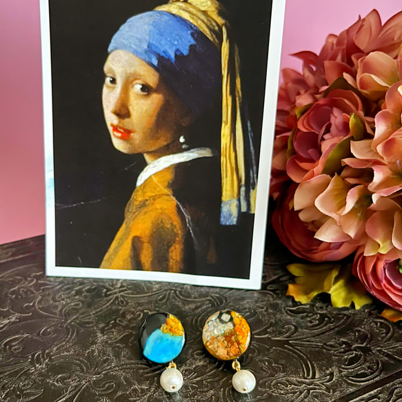 コットンパールが揺れるフェルメール「真珠の耳飾り」の絵画ピアス/イヤリング 2枚目の画像
