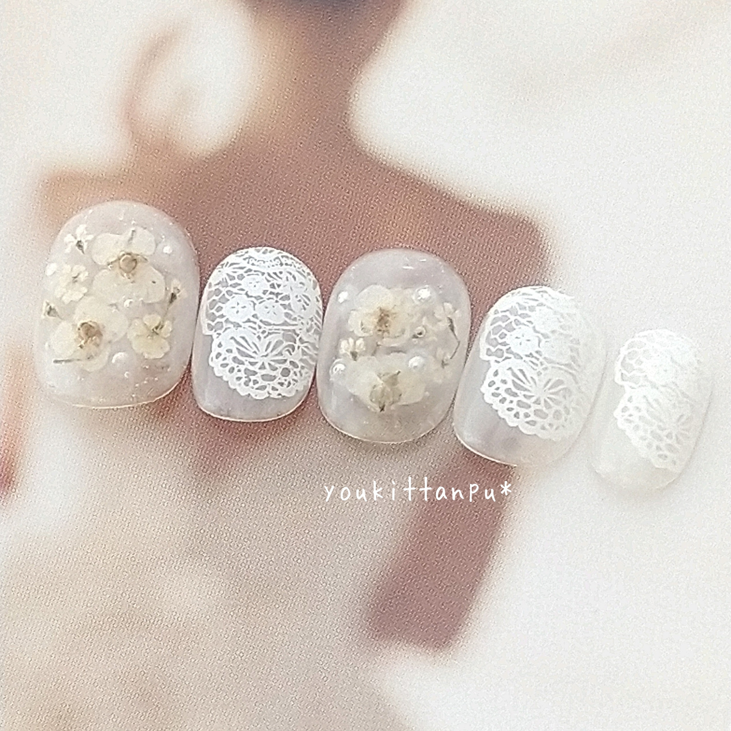 ネイルチップ fleur 押し花＆レース ホワイト＊つけ爪 ブライダル 結婚式 ウェディング 白無垢 成人式 振袖 上品
