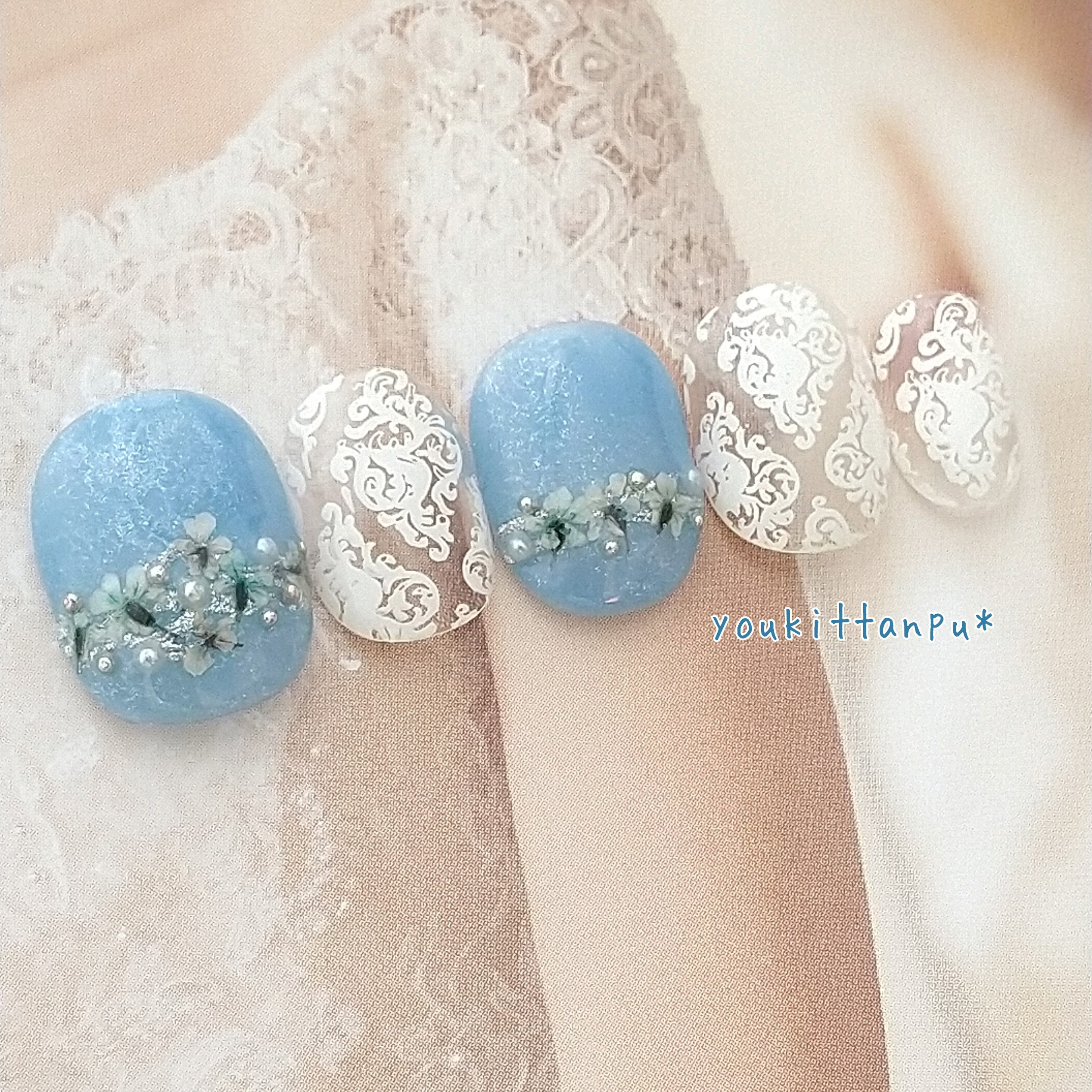 ネイルチップ fleur 押し花＆レース ブルー＊つけ爪 ブライダル 結婚式 ウェディング 白無垢 成人式 振袖 上品