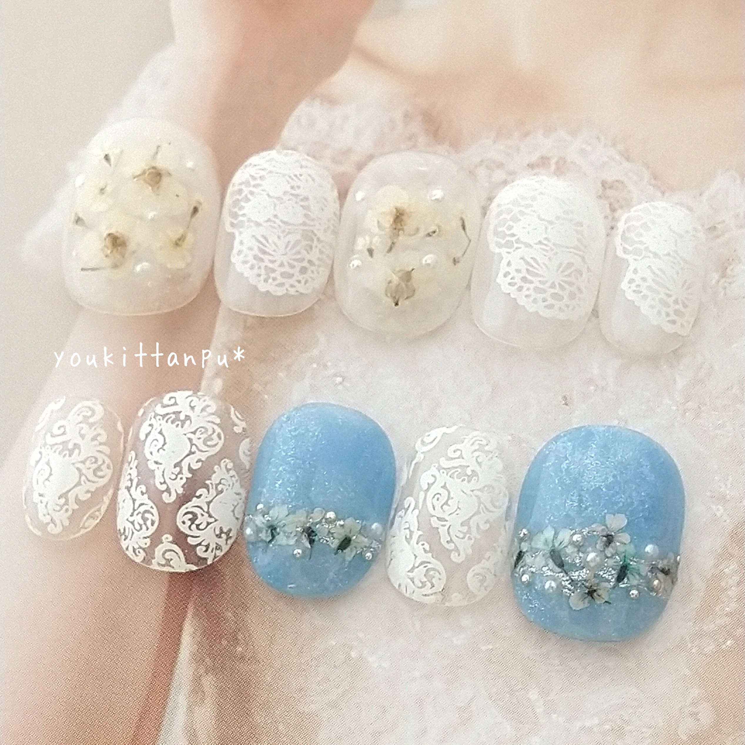 ネイルチップ fleur 押し花＆レース アシンメトリー＊つけ爪 ブライダル 結婚式 ウェディング 白無垢 成人式 振袖