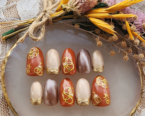 受注制作】テラコッタカラーのミラーフラワー&マグネットネイル