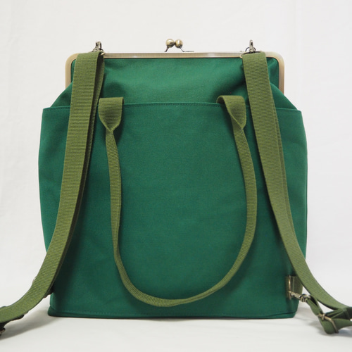 帆布３Weyあおりがま口バッグ リュック カーキ系 ハンドメイド 帆布3Weyあおりがま口バッグ リュック カーキ系 ハンドメイド
