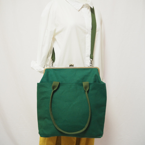 帆布３Weyあおりがま口バッグ リュック カーキ系 ハンドメイド 1b442accd0abfe24f26e399c8d0e13