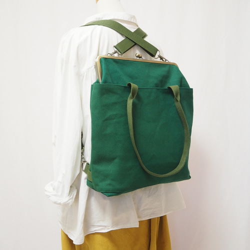【受注製作】3way　11号帆布　前ポケットのあおりがま口リュックバッグ【大】 受注製作】3way 11号帆布 前ポケットのあおりがま口リュック