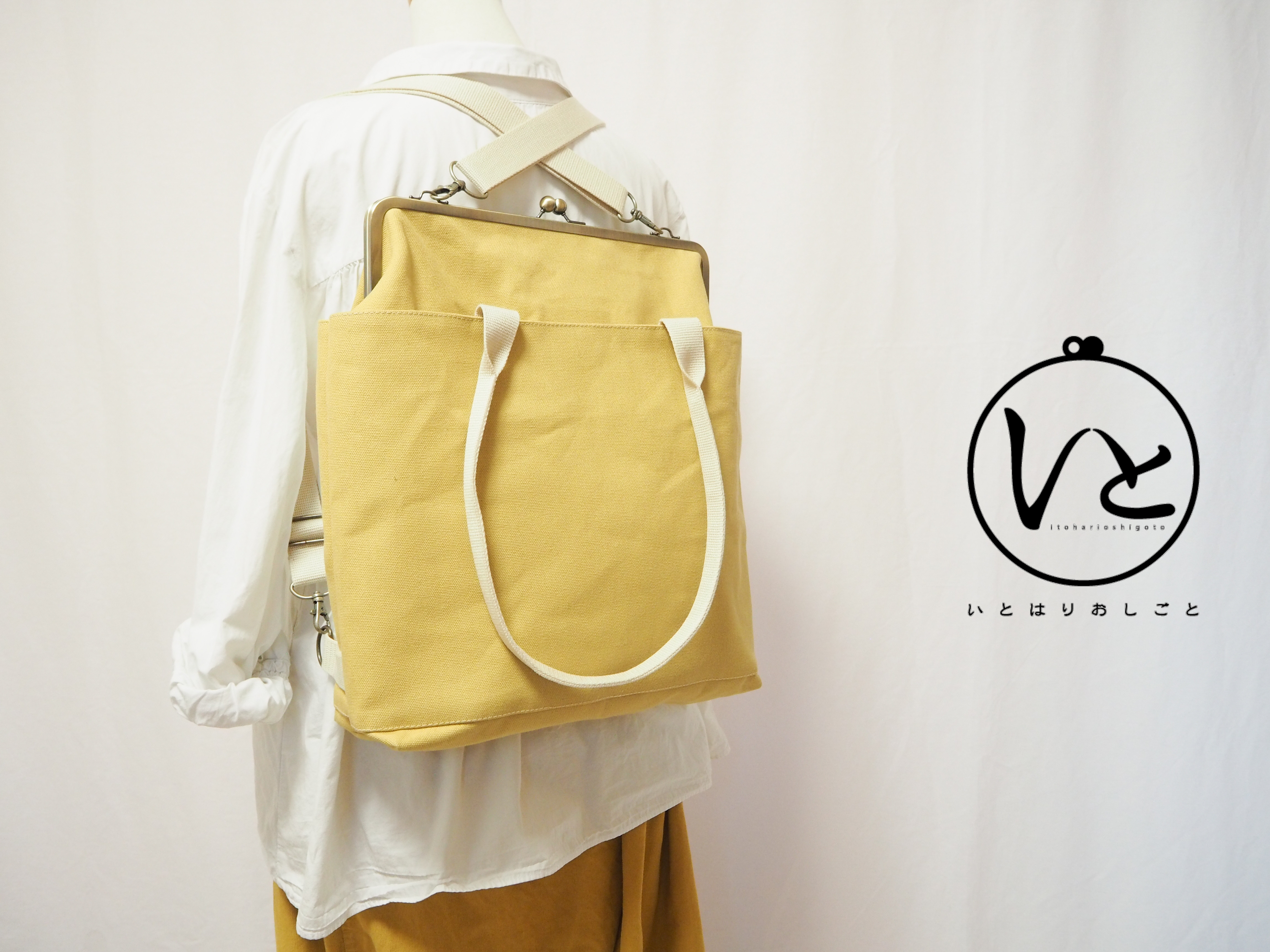 A4サイズもラクラク収納！帆布のがまぐち3wayリュックサック≪カラシ≫