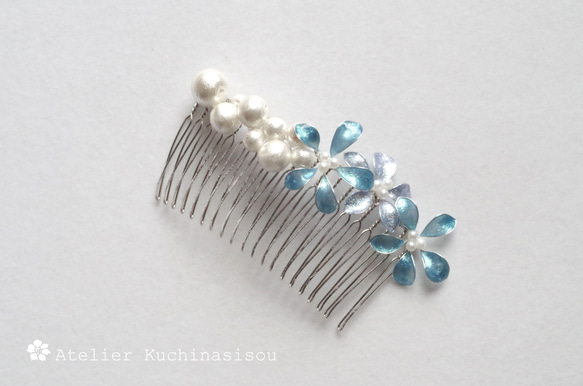 【訂做】美甲花+棉質珍珠梳（藍色） 第1張的照片