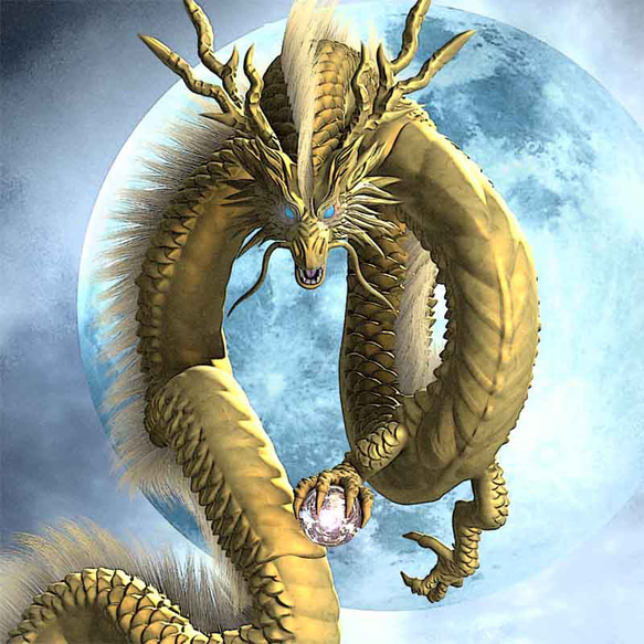 龍の絵「月光３・金龍」自作A4　竜の絵 2枚目の画像
