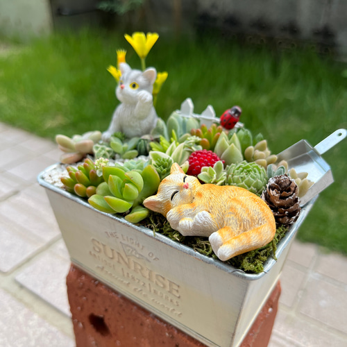☆送料無料☆♡そのまま飾れる♡仲良しねこちゃんのガーデン♬箱庭風