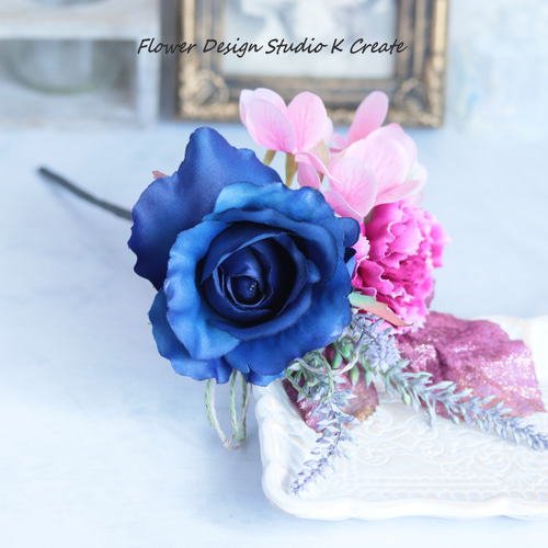 ネイビーの薔薇とカーネーションのブーケ風の髪飾り フラメンコ ダンス