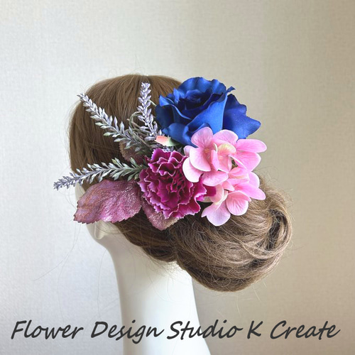 ネイビーの薔薇とカーネーションのブーケ風の髪飾り フラメンコ ダンス