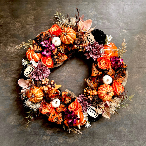 No.wreath-15521/大型ハロウィンリース23-(6) オレンジ系 48cm