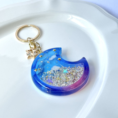 煌めく夜空の雲入りお月様シェイカーキーホルダー・名入れ