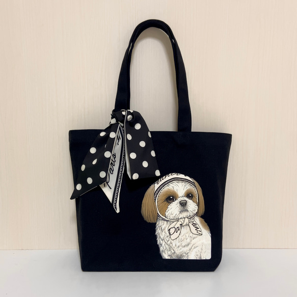 オリジナル シーズー トートバッグ 手描き  オリジナルイラスト 鞄 ドット ツイリー スカーフ 付 犬 黒 ほっかむり 1枚目の画像