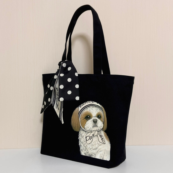 オリジナル シーズー トートバッグ 手描き  オリジナルイラスト 鞄 ドット ツイリー スカーフ 付 犬 黒 ほっかむり 2枚目の画像