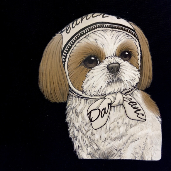 オリジナル シーズー トートバッグ 手描き  オリジナルイラスト 鞄 ドット ツイリー スカーフ 付 犬 黒 ほっかむり 3枚目の画像