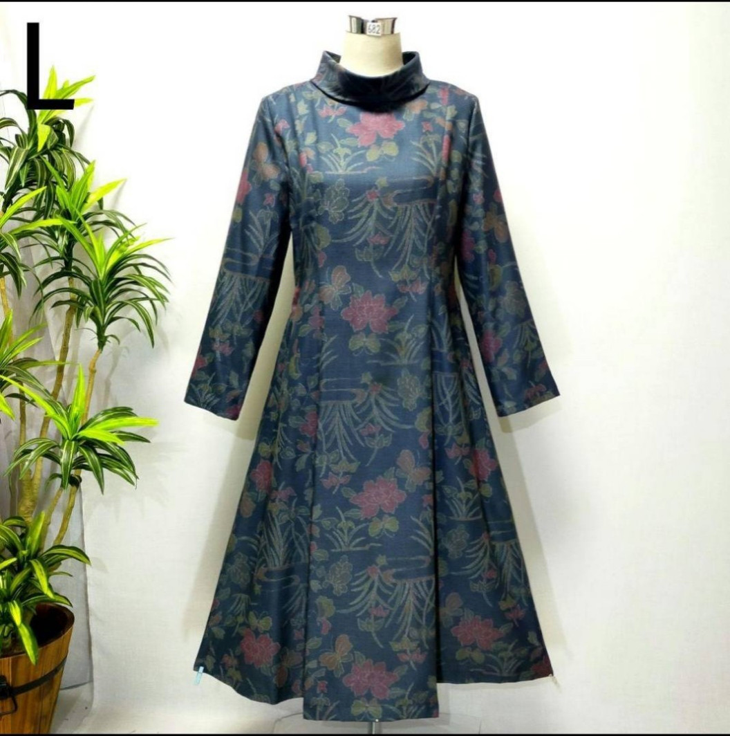 着物リメイク　花柄ワンピース　2WAY Aライン ロールカラー　ロング　大島紬 アンティーク大島紬 着物リメイク ワンピース 2WAY 花柄 Aライン