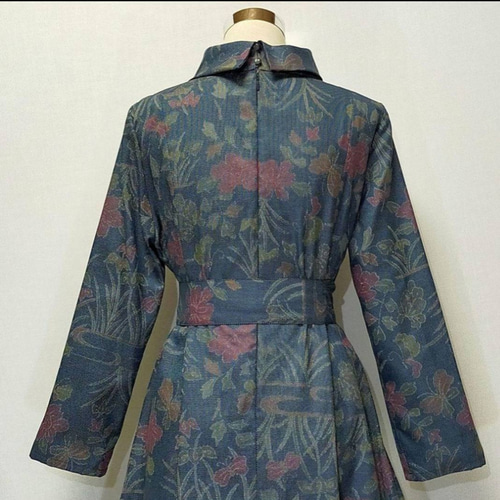 着物リメイク大島紬ワンピース(正絹) ☆着物リメイク/ 大島紬 /正絹/ 半袖 / ギャザーワンピース