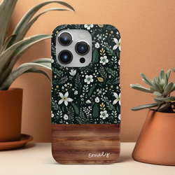 名入れ♪DARK GREEN WILD FLOWER＆WOOD iPhoneハードケース 大人可愛い 花柄 木目 1枚目の画像