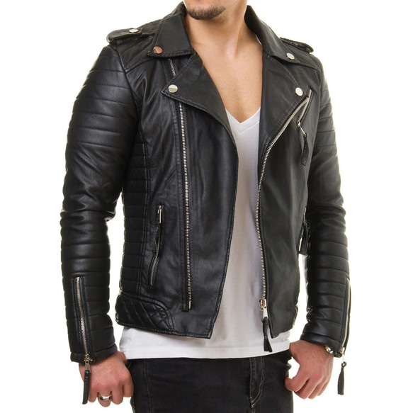 羊革キルティンライダージャケット・横縞袖 Sheep Leather Quilted Shoulder Jacket 1枚目の画像