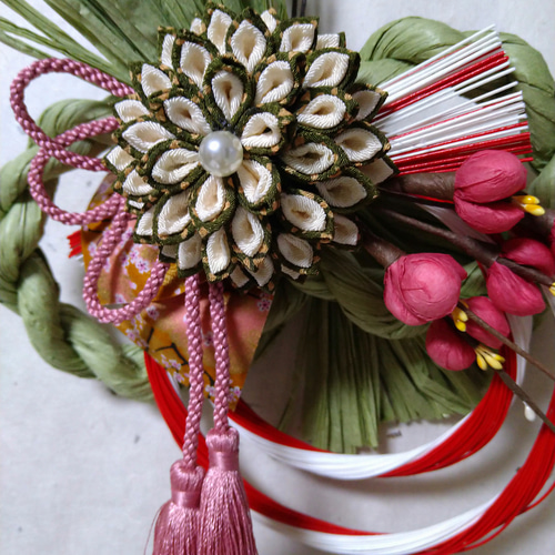 2024しめ縄 つまみ細工 8の字しめ縄✕赤水引 しめ縄・しめ飾り つまみ