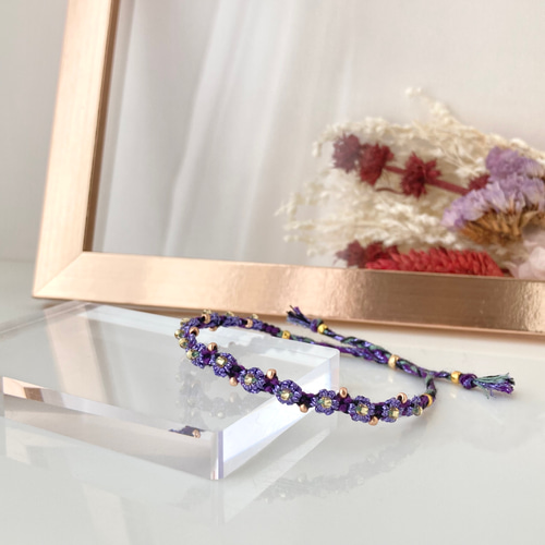 ラメブレスレット＊ラメパープルのお花＊ミニフラワーミサンガ＊指輪